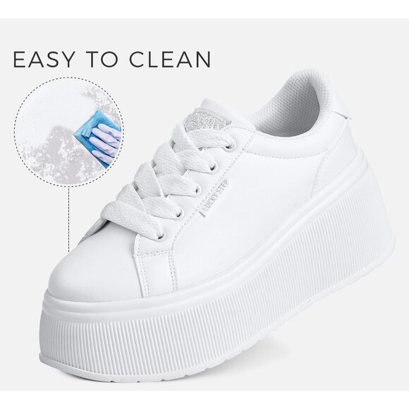 Women's White Platform Classic Wedge Canvas Casual Low Top Fashion Sneakers - Picture 3 of 9